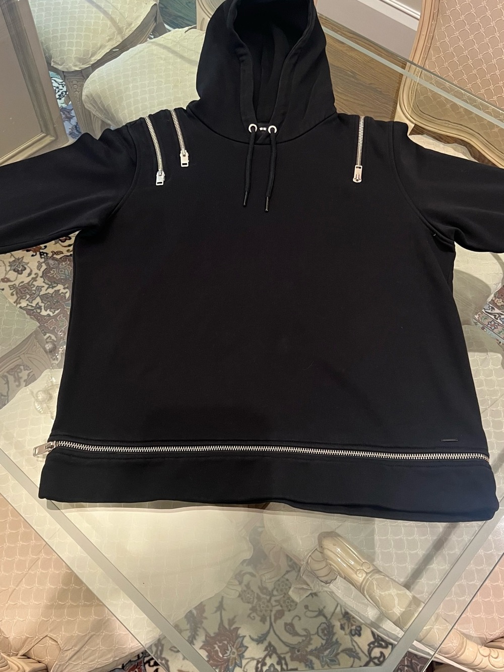 Diesel Black Crewneck Hooded Sweater with Silver Zipper Details